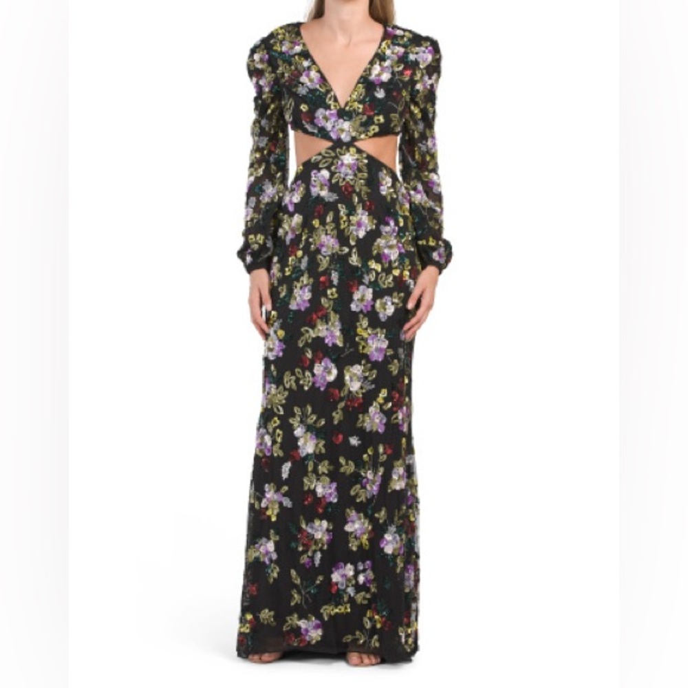 Mac Duggal HAND BEADED FLORAL SEQUIN GOWN WITH CUTOUTS.